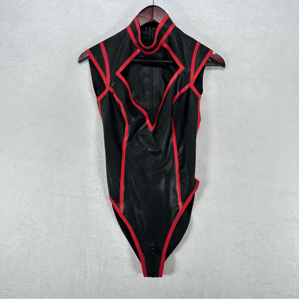 Mistress Latex Bodysuit Womens Small Black Red Trim Rubber High Neck Zip Crotch